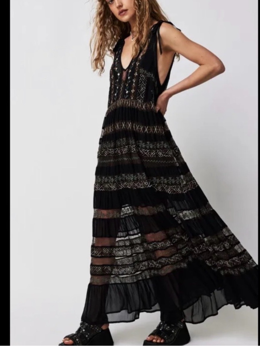 Free People Black Sleeveless Boho Embroidered Maxi Dress